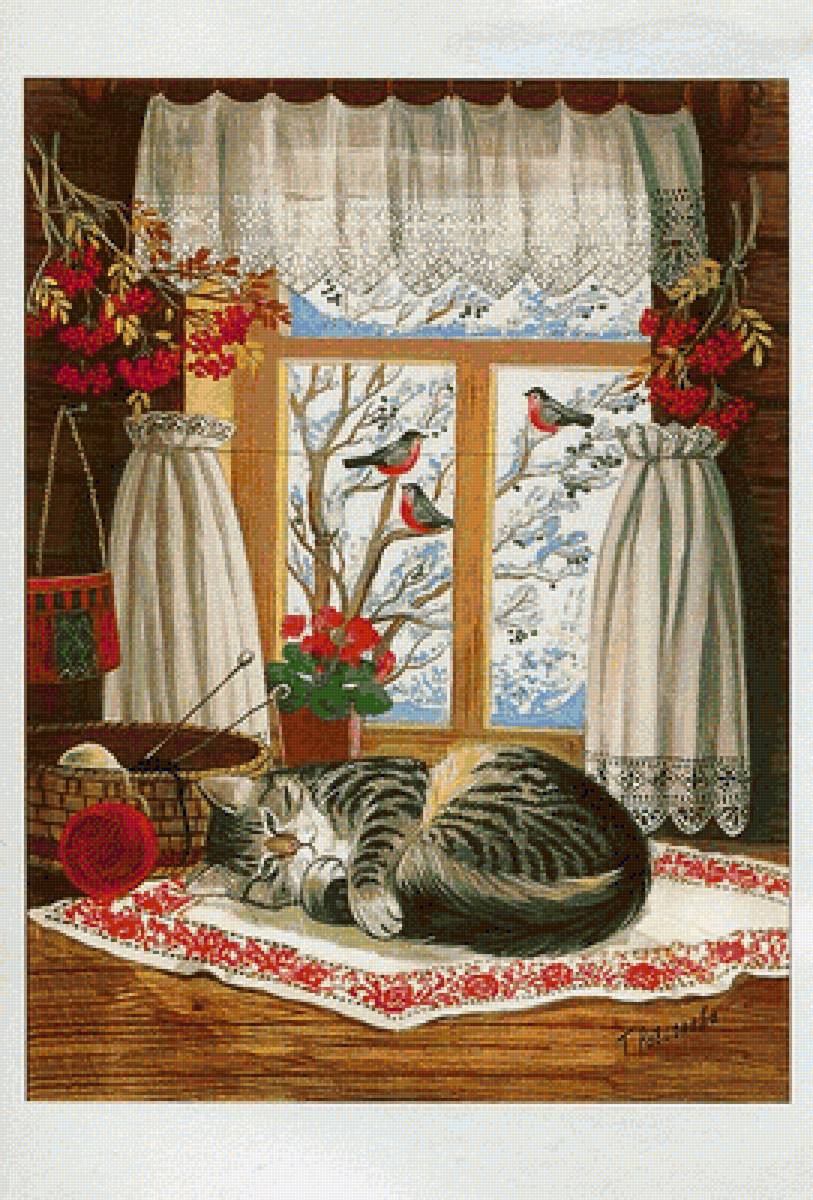 зимнее утро - кот снегири зима утро - предпросмотр