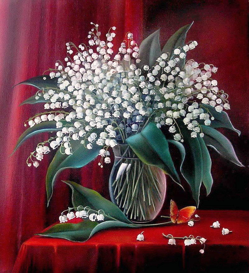 Худ. Валевская - ваза, натюрморт, букет, ландыши, цветы - оригинал