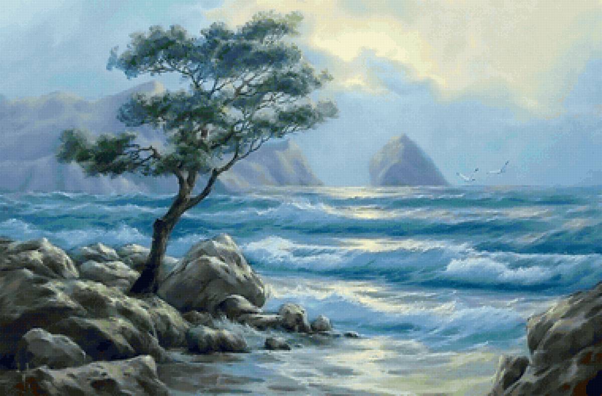 Море - море, пейзаж, горы, сосна - предпросмотр