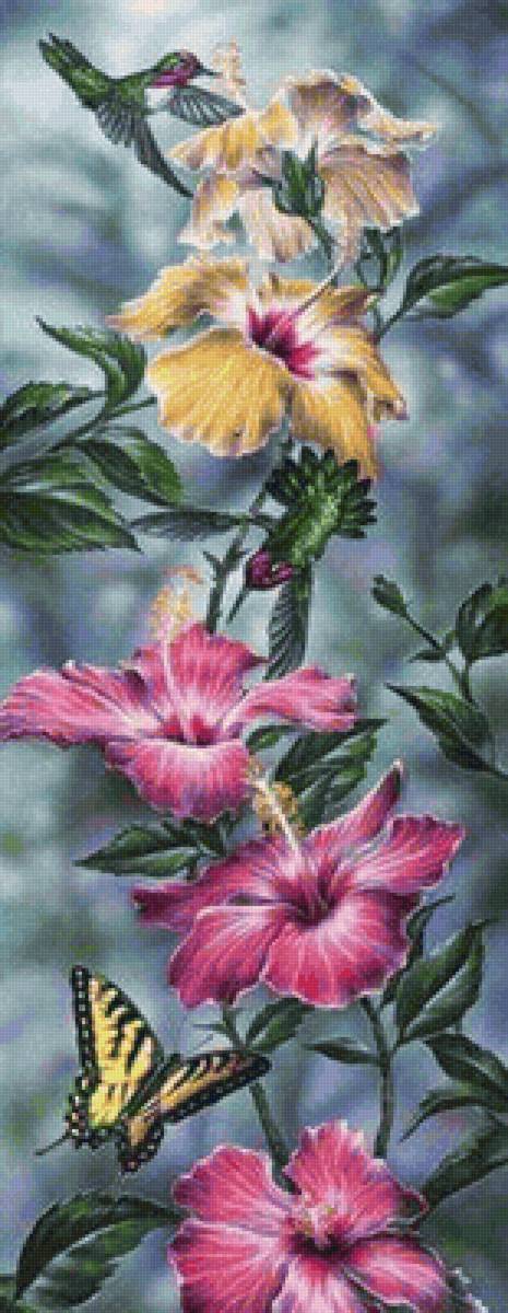 Ramo de hibiscos. - borboleta., flores .pássaros - предпросмотр