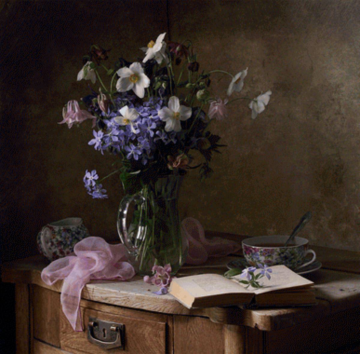 Натюрморт - книга, цветы, чай, натюрморт, ваза, букет, чашка - предпросмотр