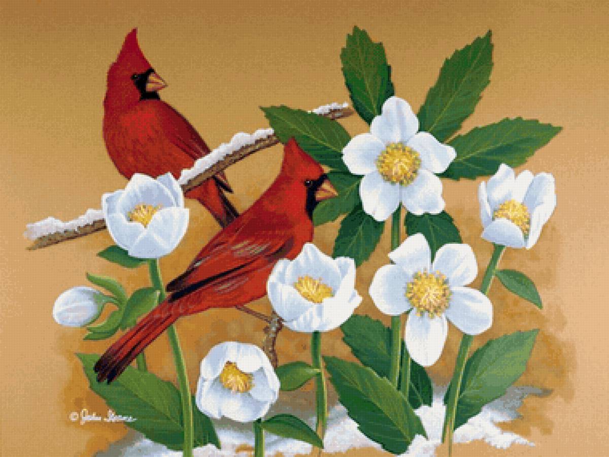 Cardeais. - gelo., flores .pássaros - предпросмотр