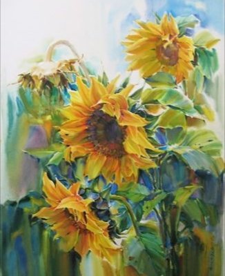 Сияющие подсолнухи - картина, подсолнухи, цветы, живопись, акварель - оригинал
