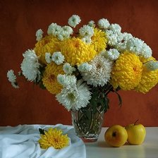 Схема вышивки «Жёлтые хризантемы и яблоки»