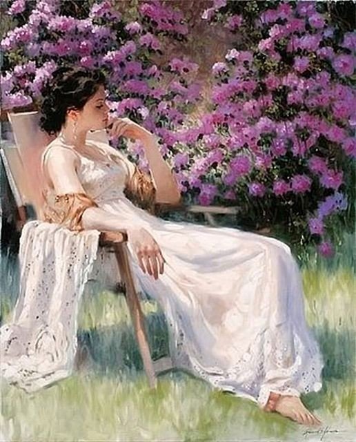 Девушка в саду - отдых, девушка, природа, кусты, мечта, картина, сад, цветы - оригинал