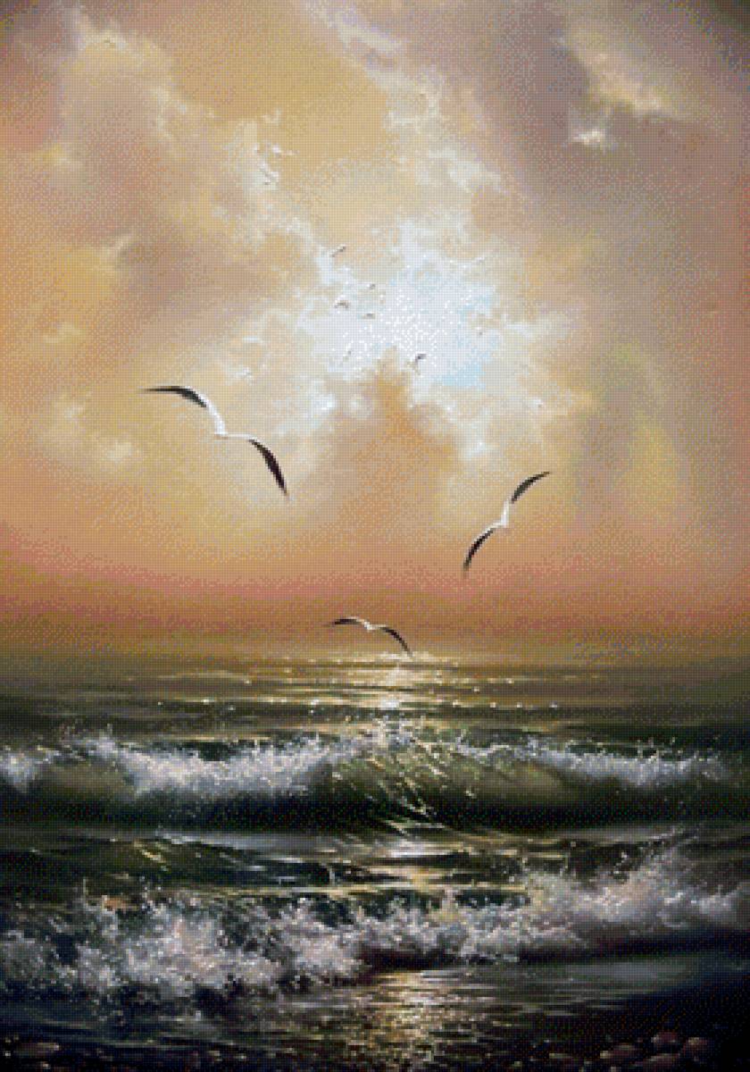 Море - живопись, море, картина, чайки, природа, волны, прибой - предпросмотр