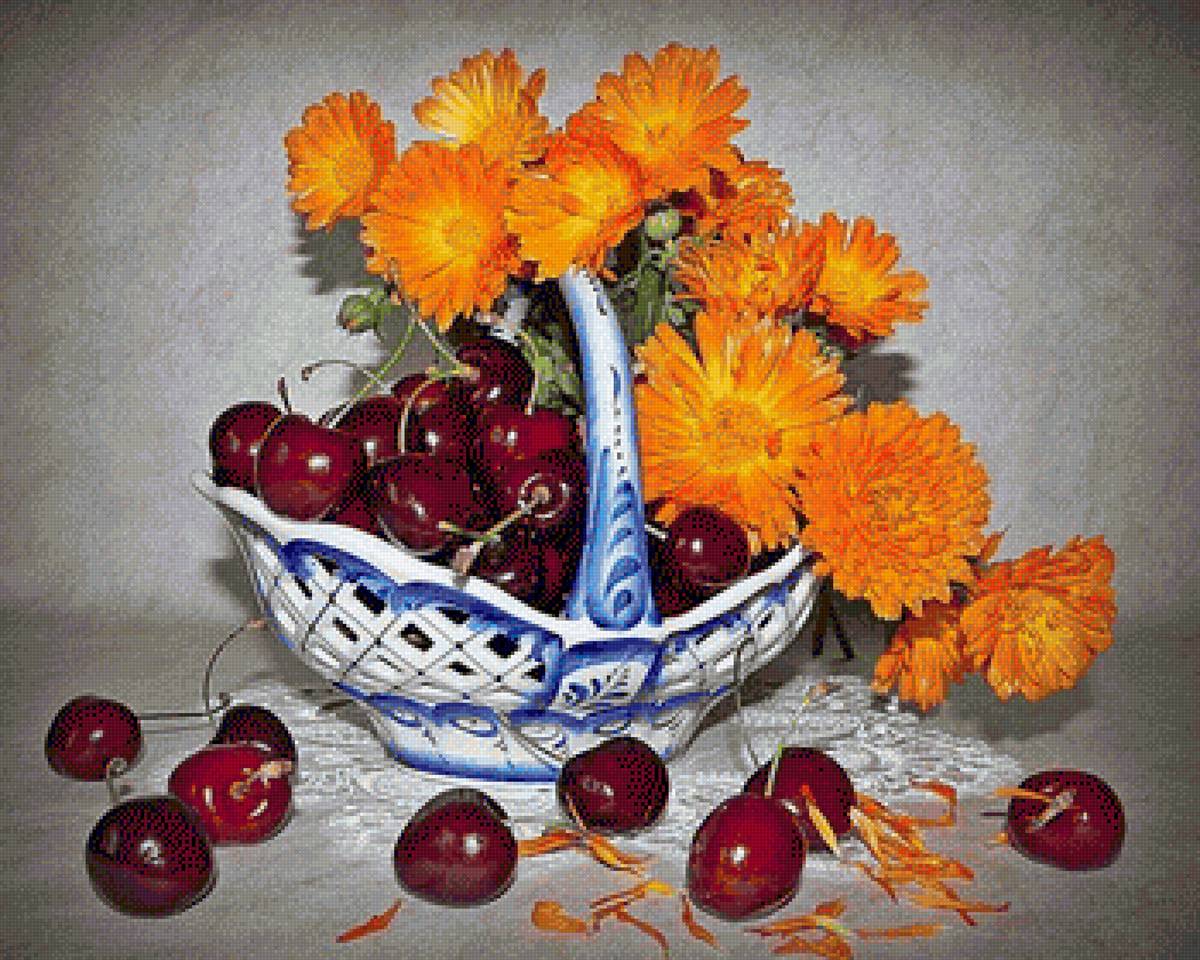 Натюрморт - ягоды, натюрморт, вишня, цветы - предпросмотр