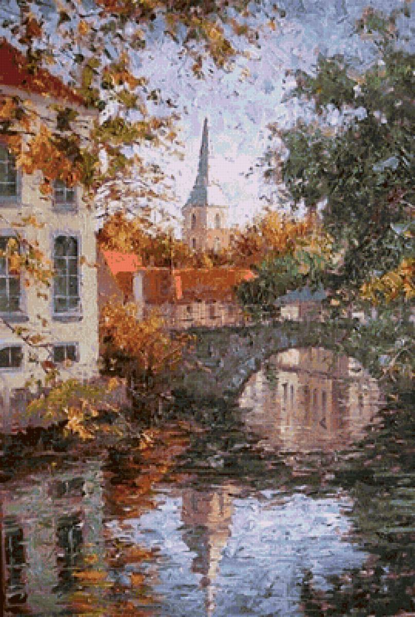 Мост - город, вода, дома, живопись, река, мост, пейзаж - предпросмотр