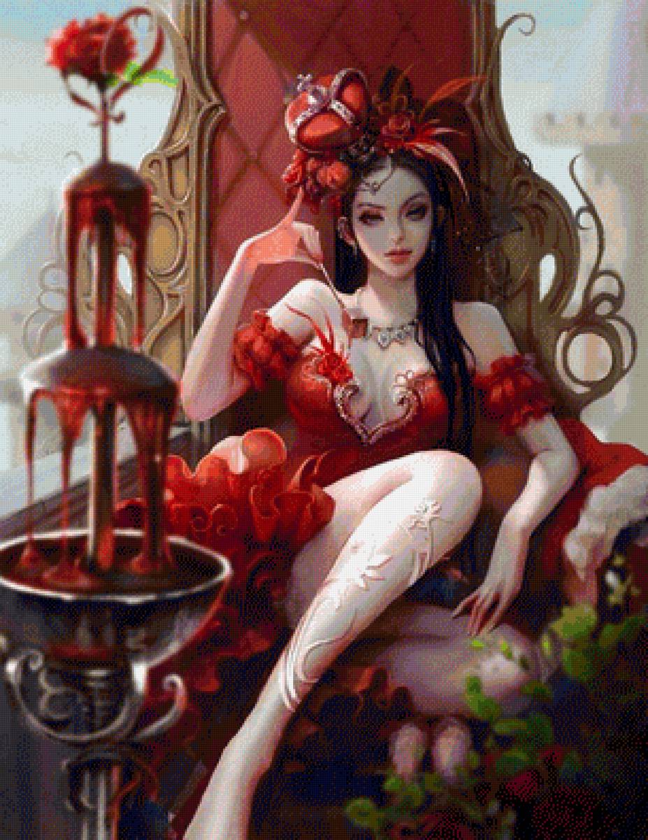 Нимфа - природа, портрет, девушка, фантастика, фэнтези, красное платье - предпросмотр