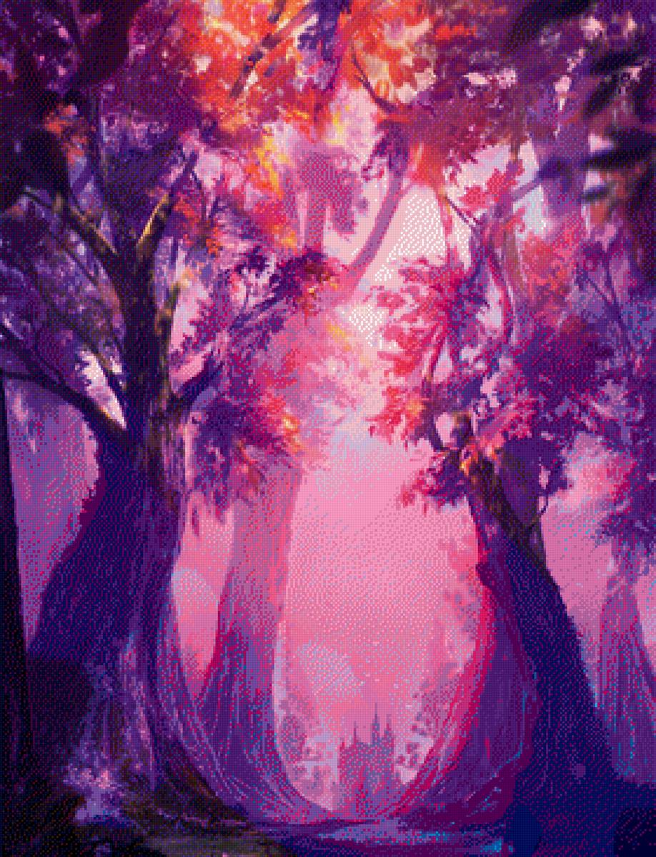 Рассвет в лесу - пейзаж, фэнтези, лес, деревья, природа, фантастика - предпросмотр