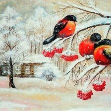 Схема вышивки «снегири и рябина»