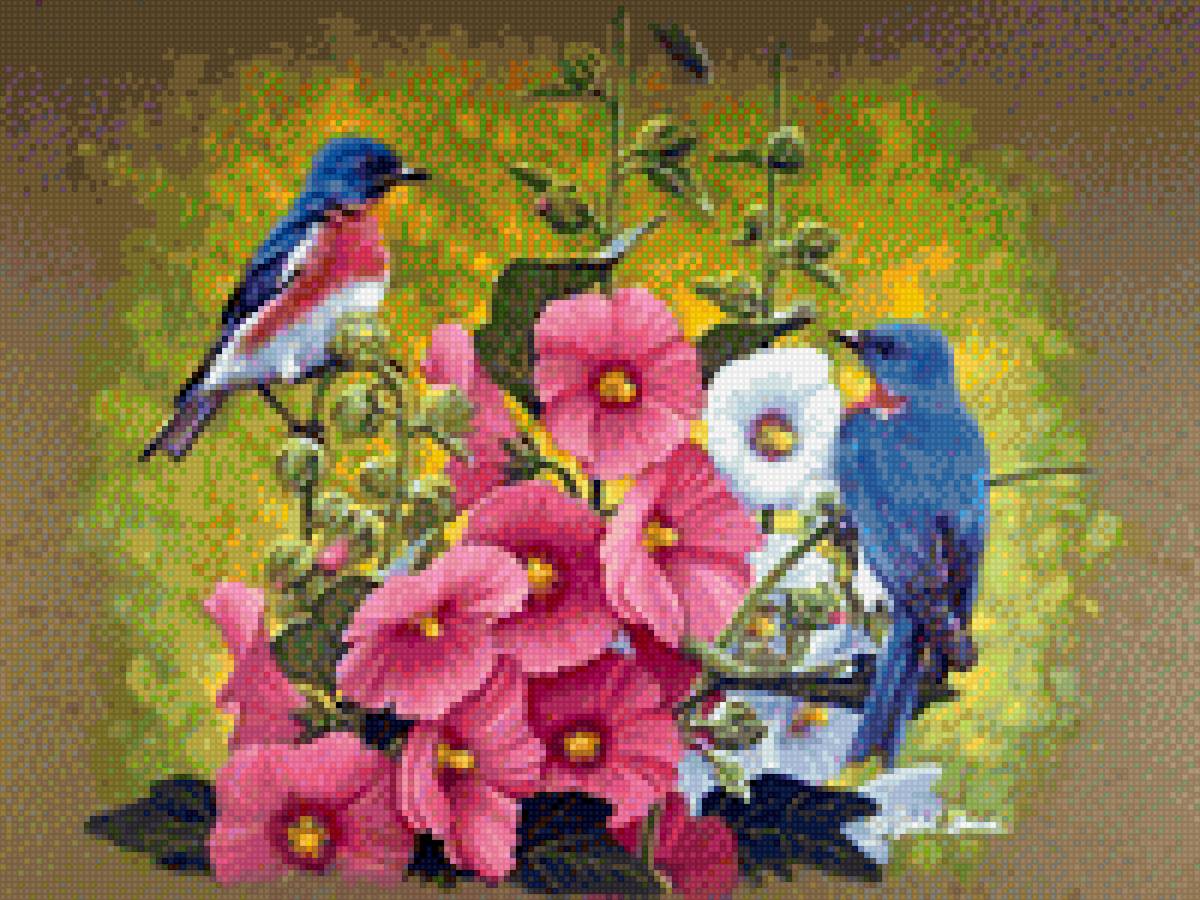 Птицы - птицы, цветы, мальва, пара - предпросмотр