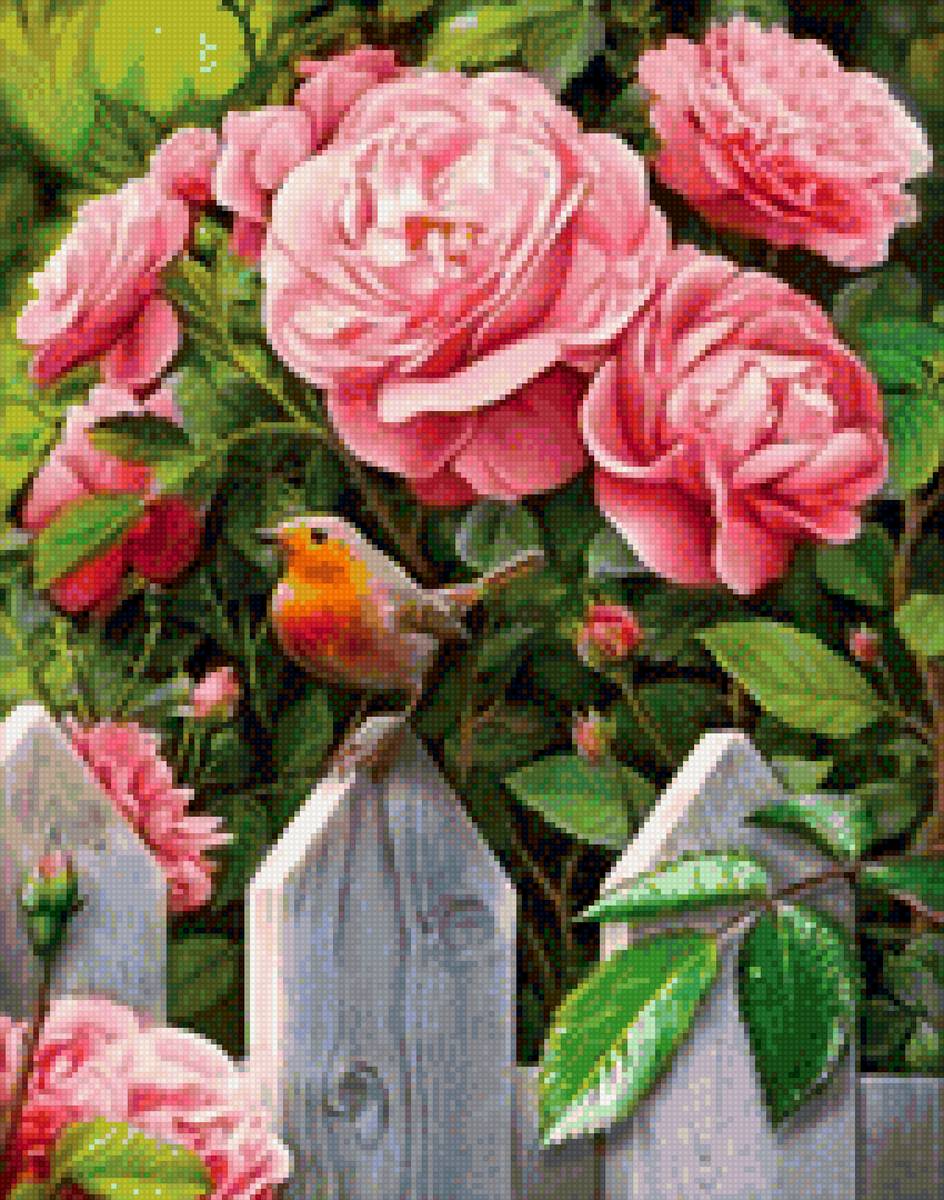 Птичка - птица, забор, цветы - предпросмотр