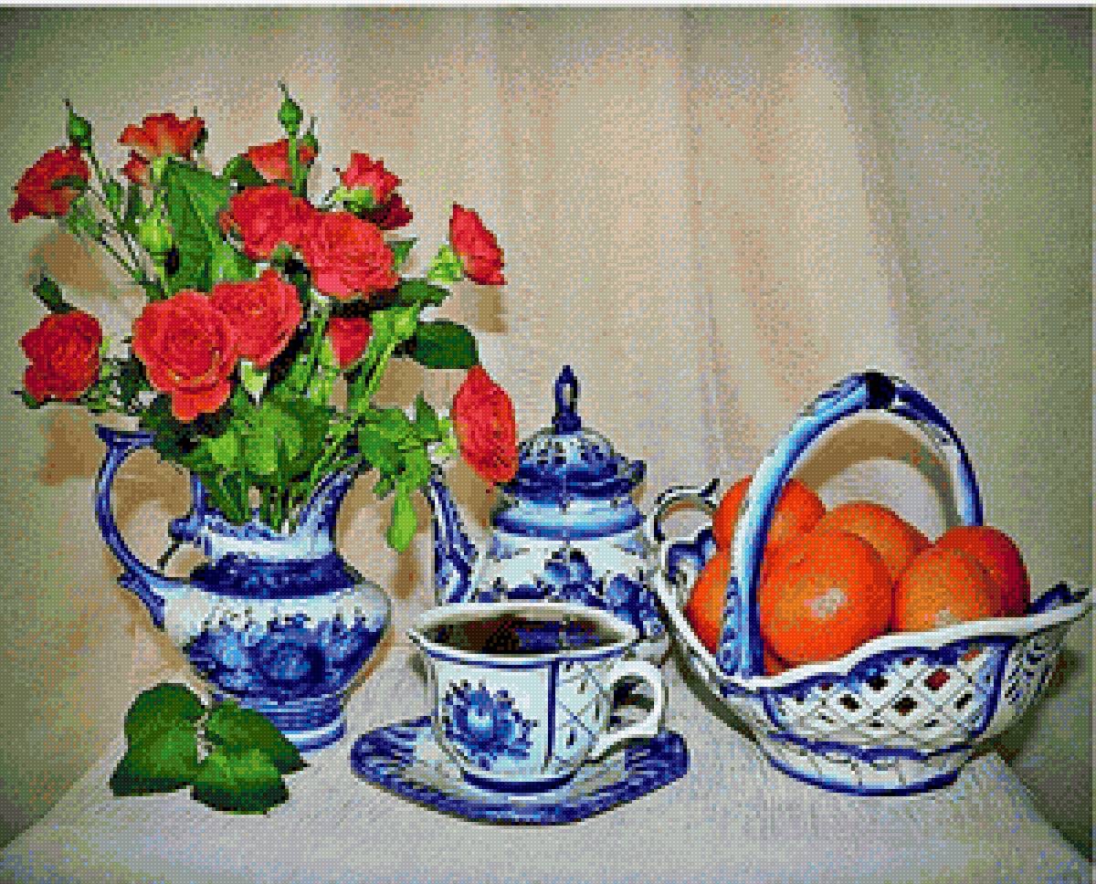 натюрморт - натюрморт чай мандарины цветы - предпросмотр