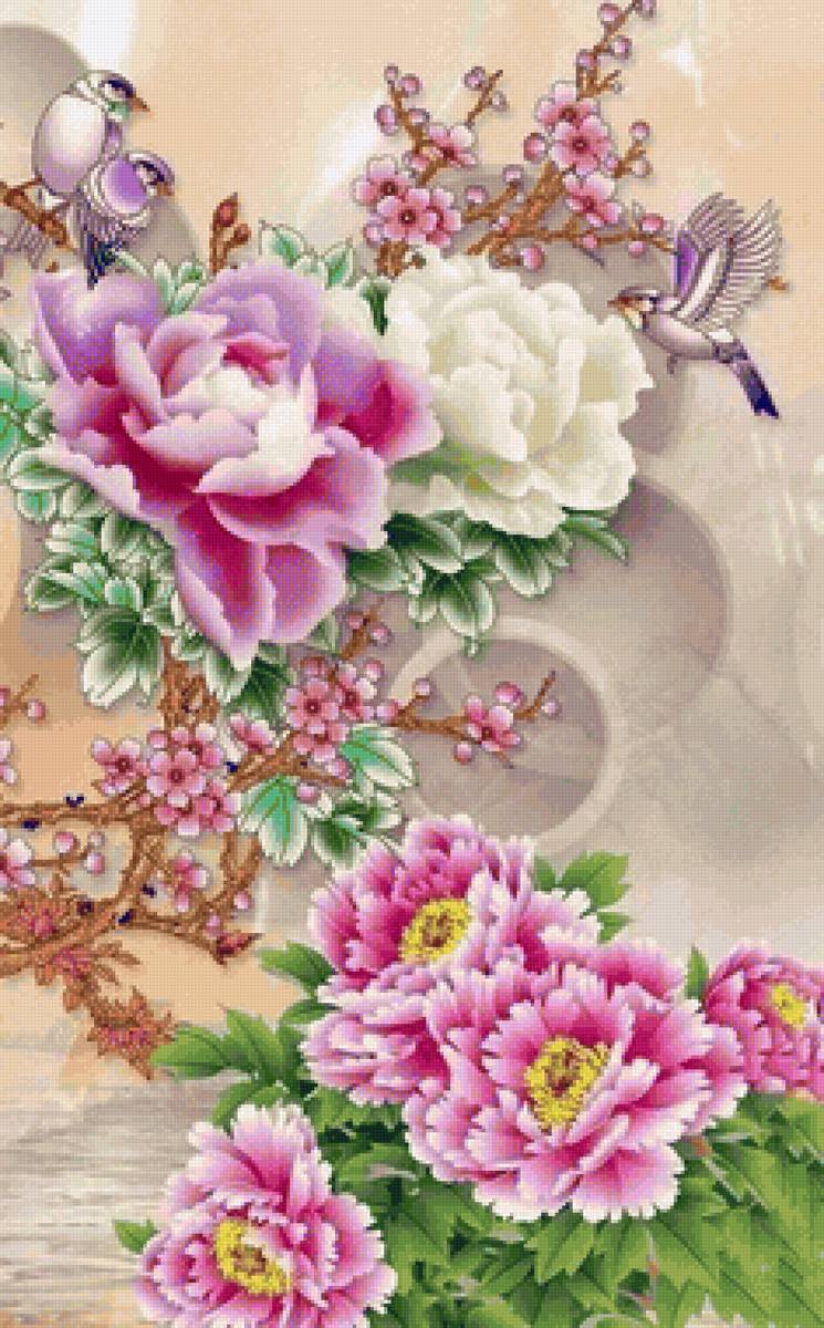 Peônias com pássaros. - flores .pássaros. - предпросмотр