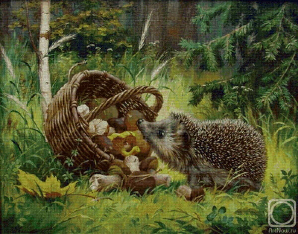Ежик с корзинкой грибов - грибы, животное, ежик, лес, природа - предпросмотр