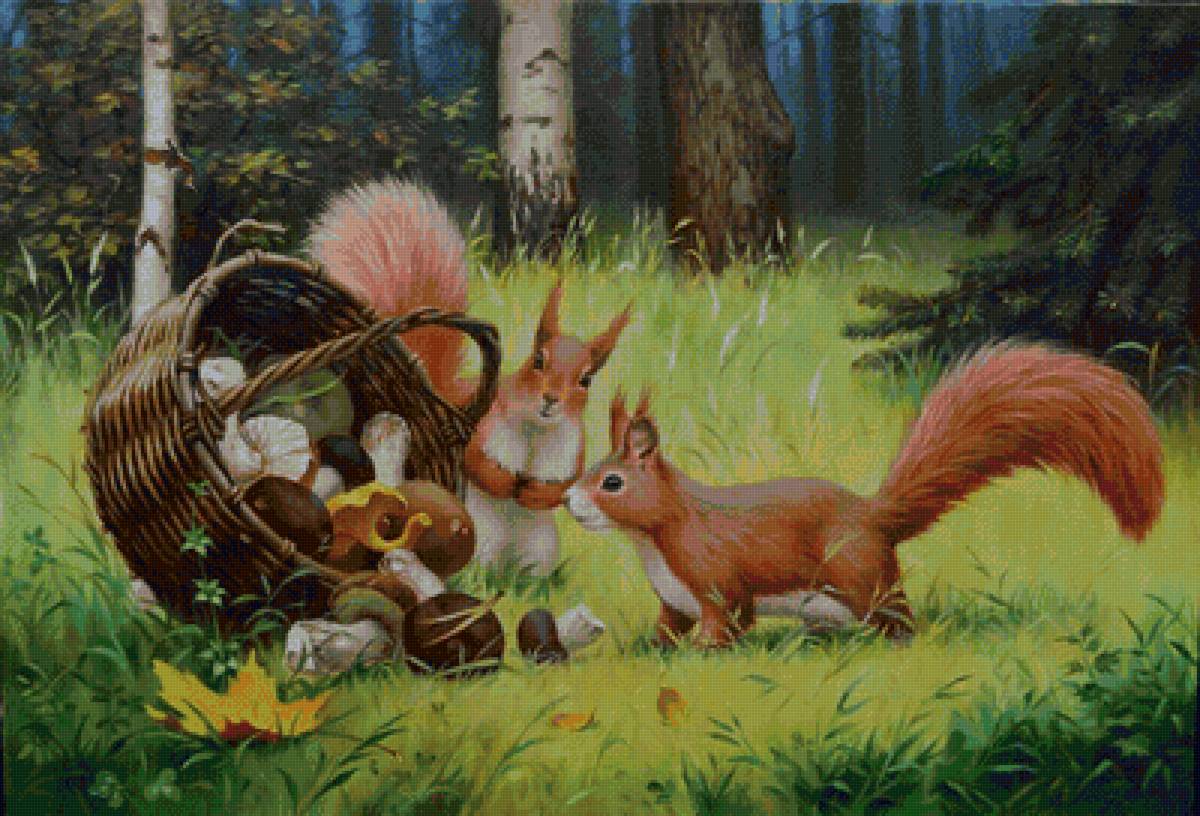 Белочки с корзинкой грибов - животные, белка, грибы, лес - предпросмотр