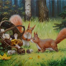 Схема вышивки «Белочки с корзинкой грибов»