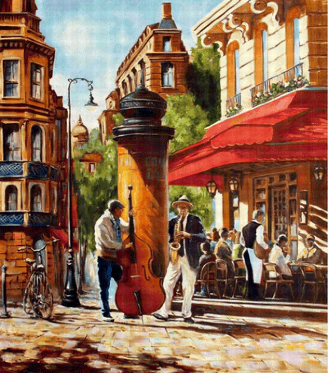 Уличные музыканты - живопись, кафе, улица, музыканты, музыка, город - предпросмотр