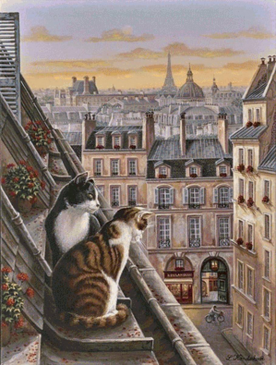 Кошки на крыше - город, дом, улица, кошка - предпросмотр