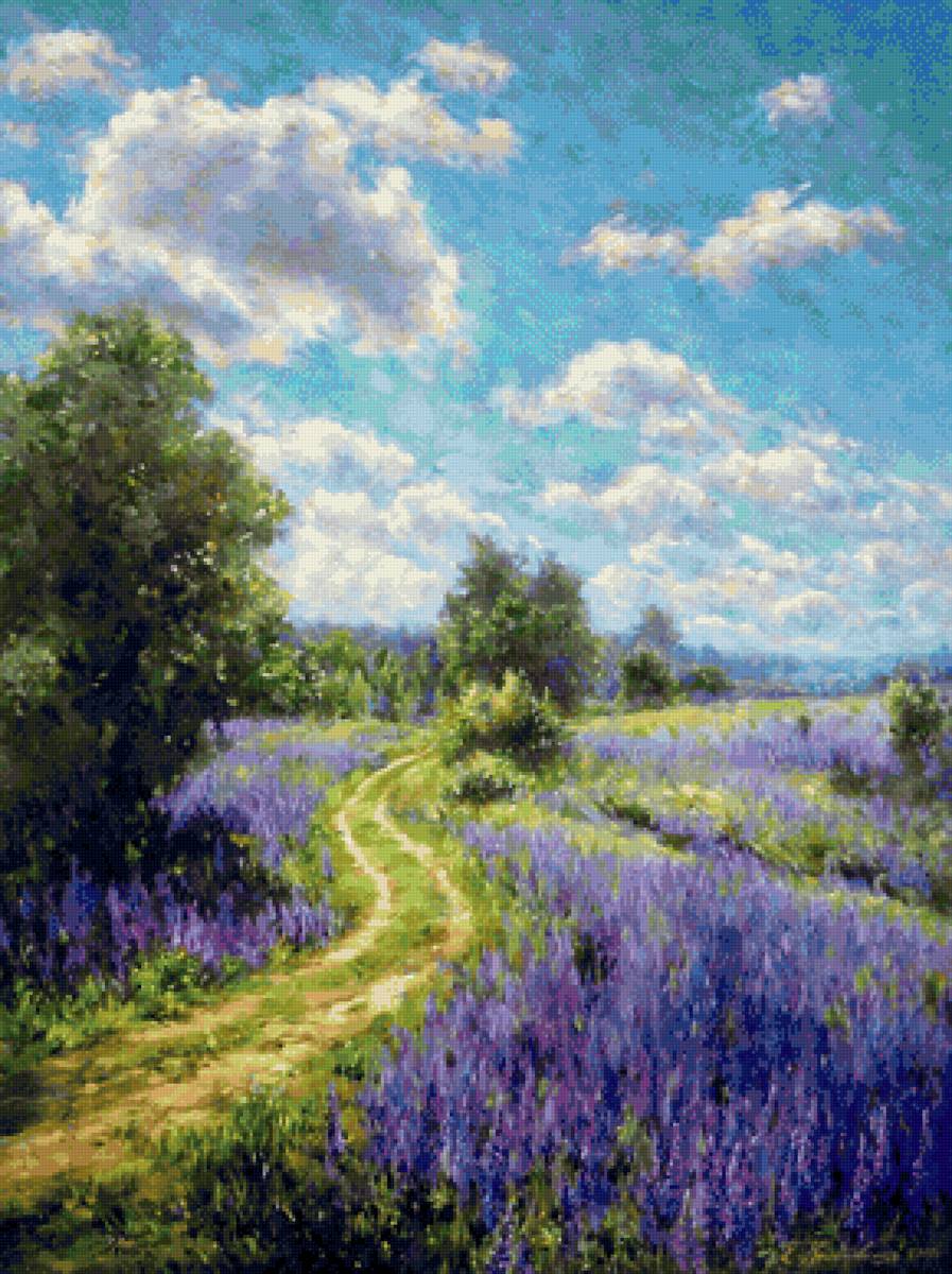 Дорога - поле, лето, пейзаж, цветы, природа, дорога, живопись - предпросмотр