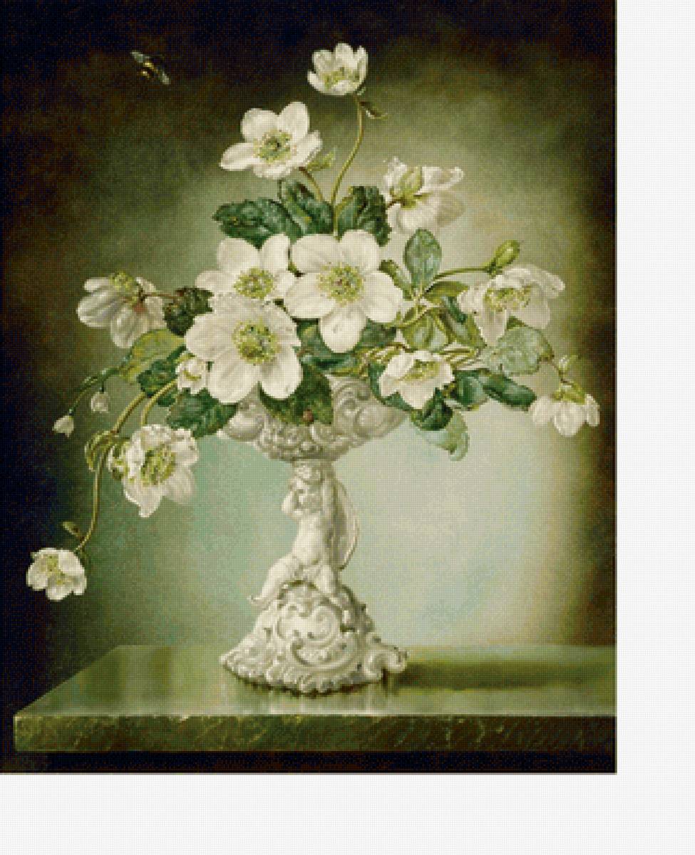 Букет белых цветов - букет, цветы, ваза, натюрморт, живопись - предпросмотр