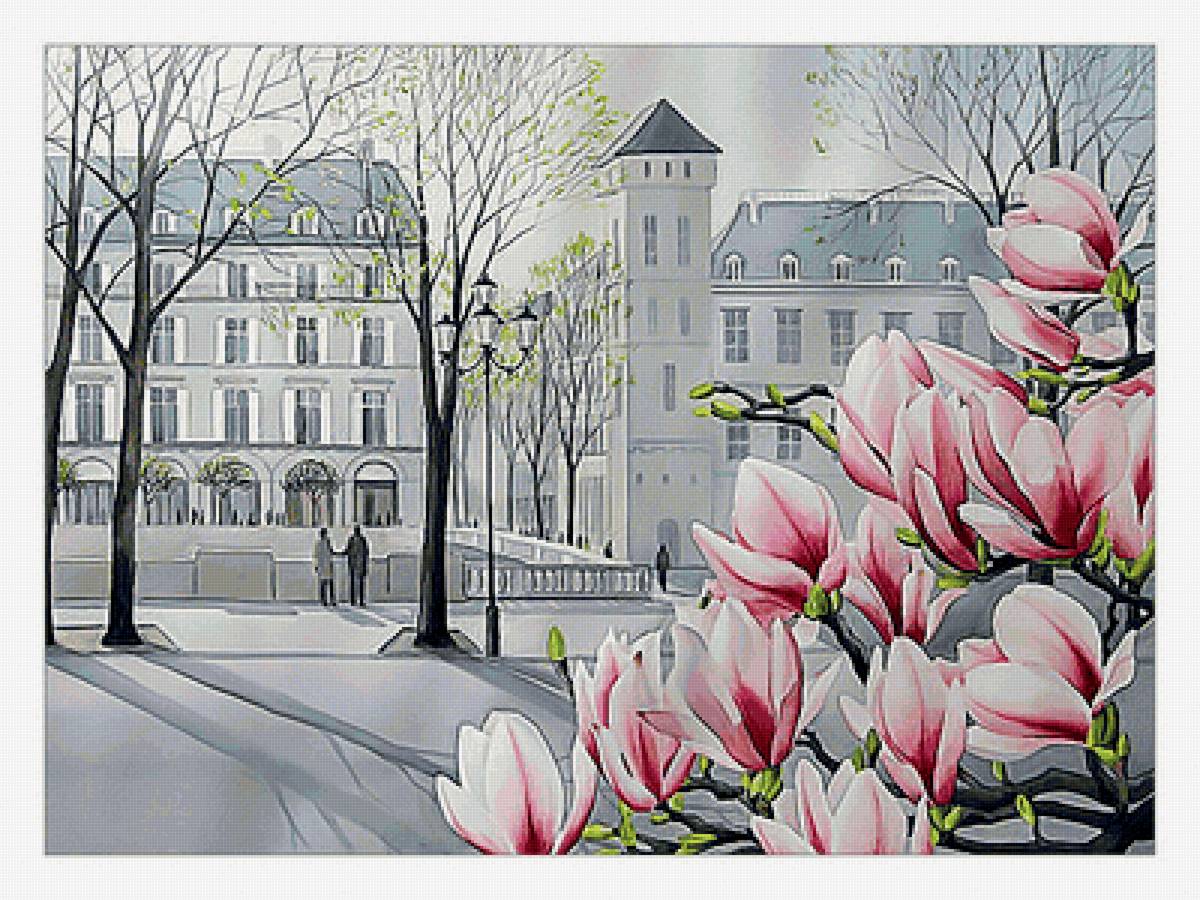 Городской пейзаж с магнолиями. - город, магнолия, улицы, цветы, пейзаж, ветка, живопись - предпросмотр