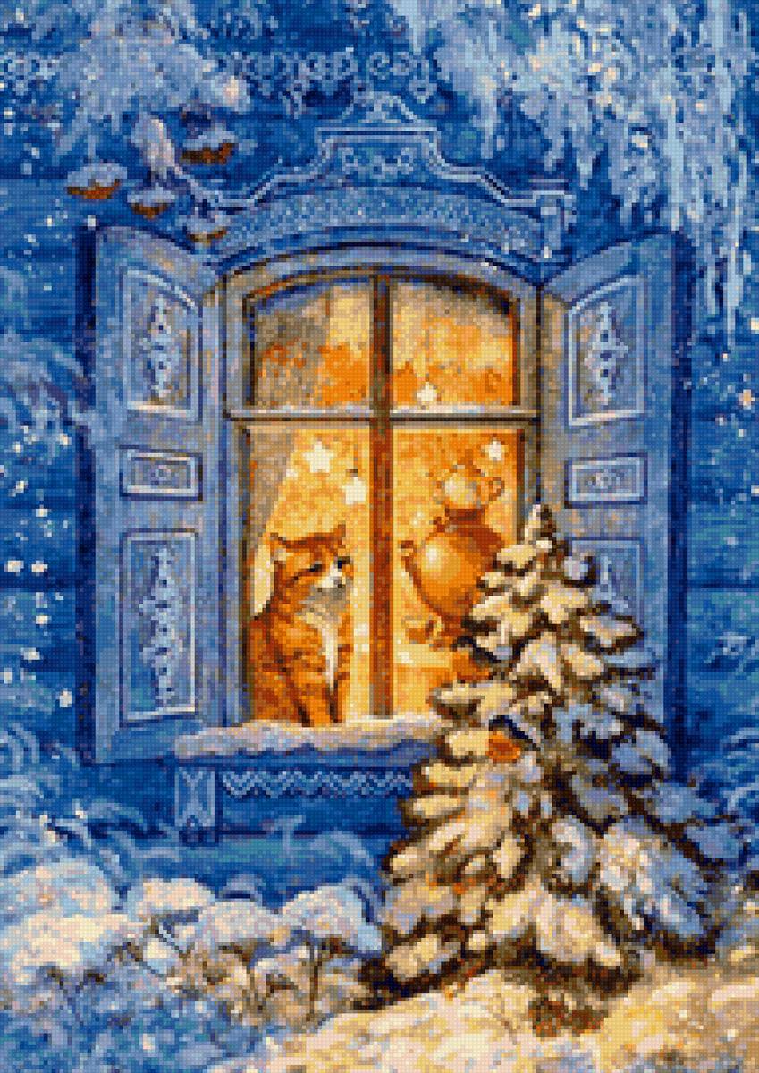 Зимнее окошко с кошкой - сказка, зима, кошка, самовар - предпросмотр