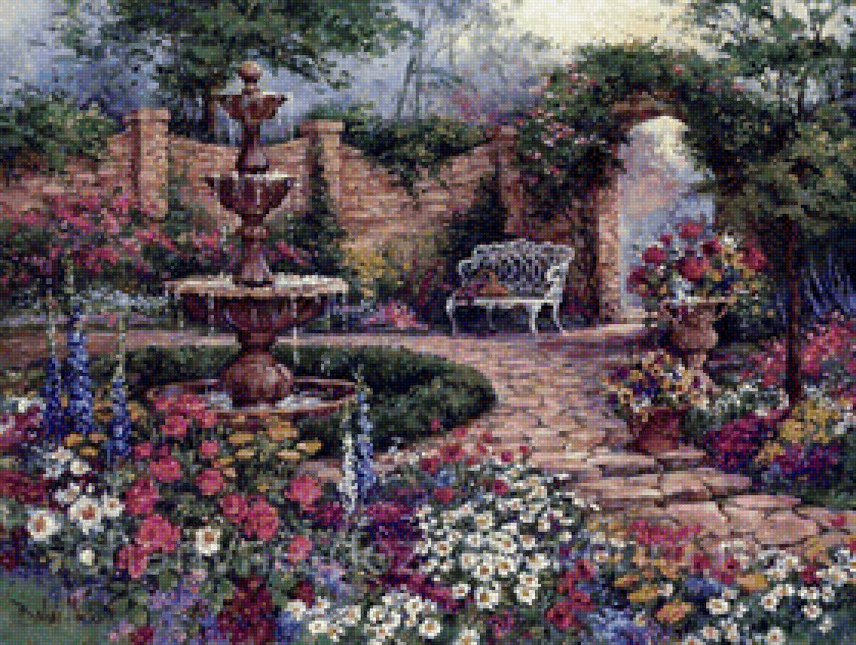 Дворик - дворик, скамейка, фонтан - предпросмотр