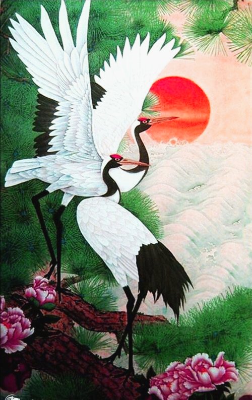 Pássaro guindastes. - pássaro, flores. - оригинал