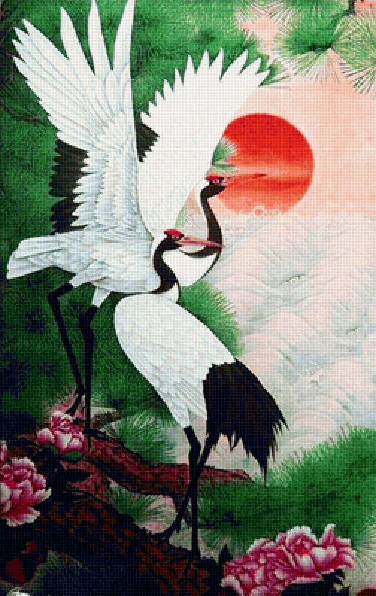 Pássaro guindastes. - pássaro, flores. - предпросмотр