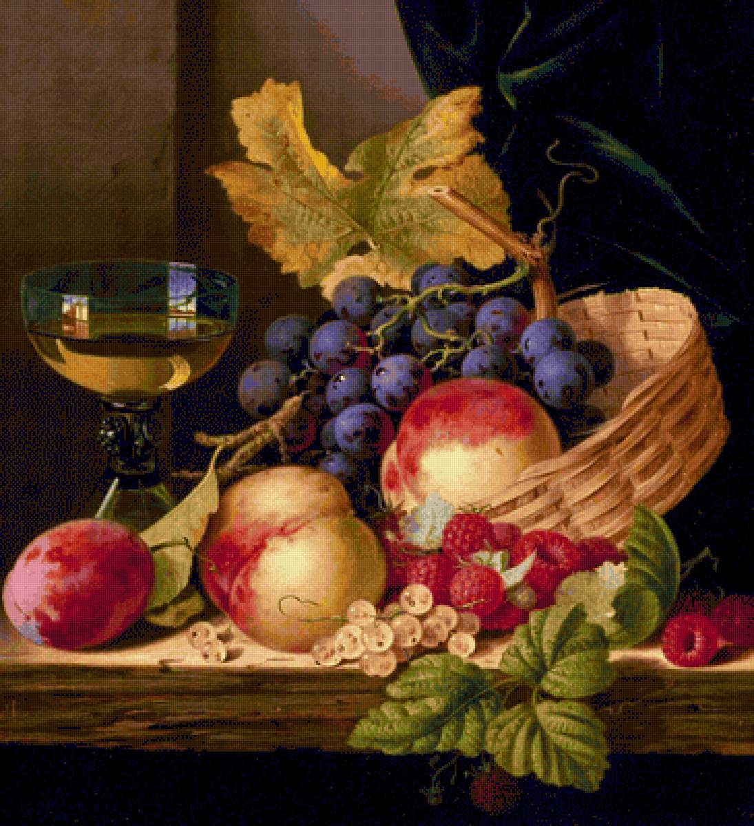 ЭДВАРД ЛАДЕЛЛ. НАТЮРМОРТ. ВИНОГРАД, ПЕРСИКИ, ЯГОДЫ И БОКАЛ ВИНА - фрукты, натюрморт - предпросмотр