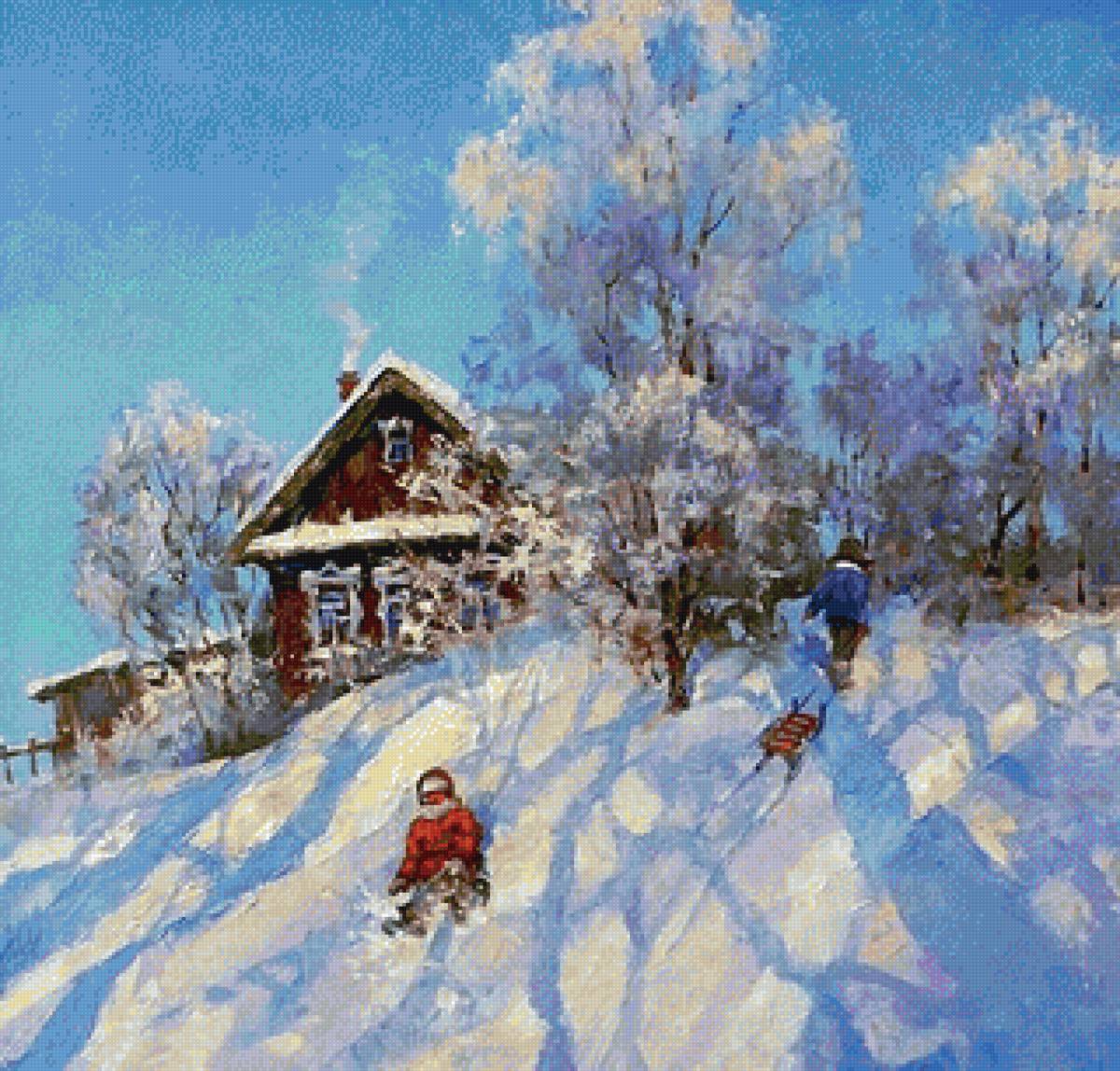 зимние забавы - санки, дом, деревья, дети, зима, снег, пнк - предпросмотр