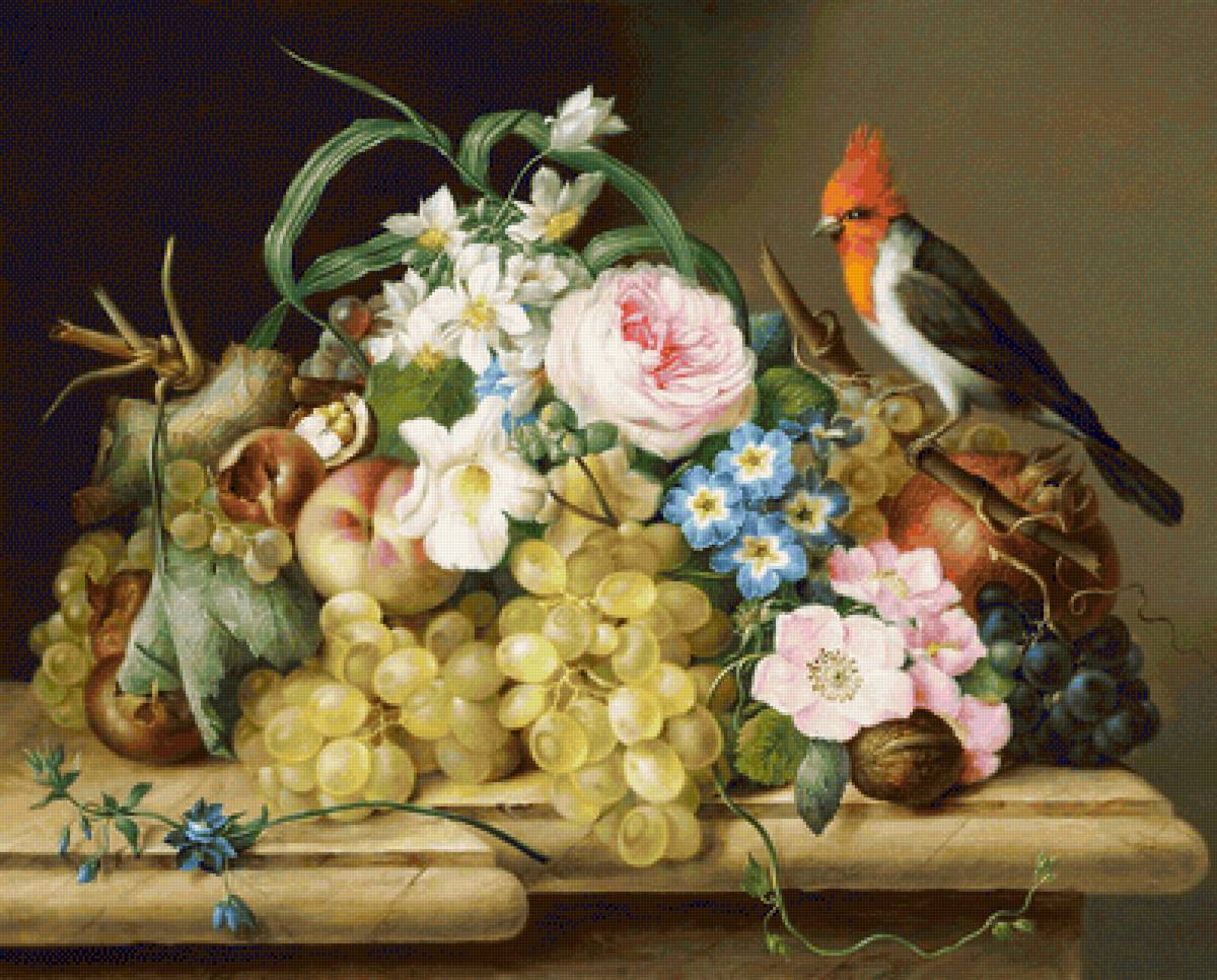 ФРАНЦ КСАВЬЕР ПЕТТЕР. НАТЮРМОРТ.ВИНОГРАД С ЦВЕТАМИ И ПТИЧКОЙ - фрукты, натюрморт - предпросмотр