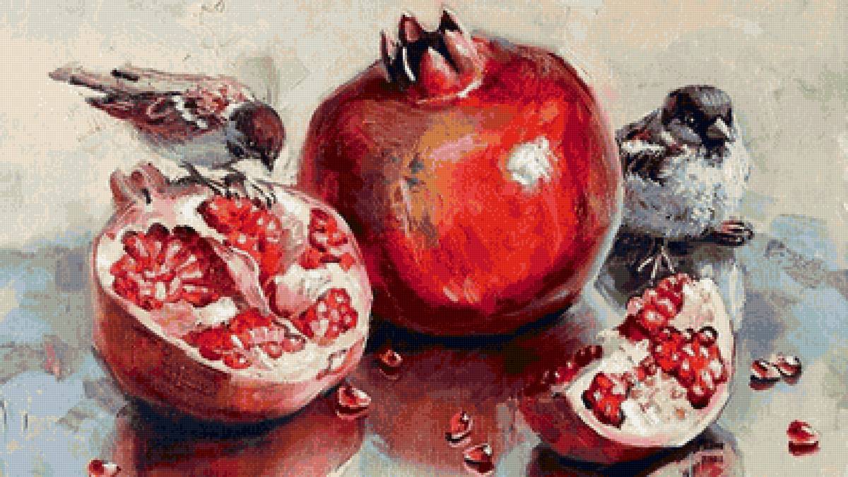 Гранат - натюрморт, птицы, фрукт, гранат - предпросмотр