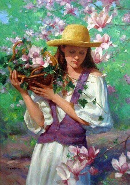 Menina,com cesta de flores. - menina, flores. - оригинал