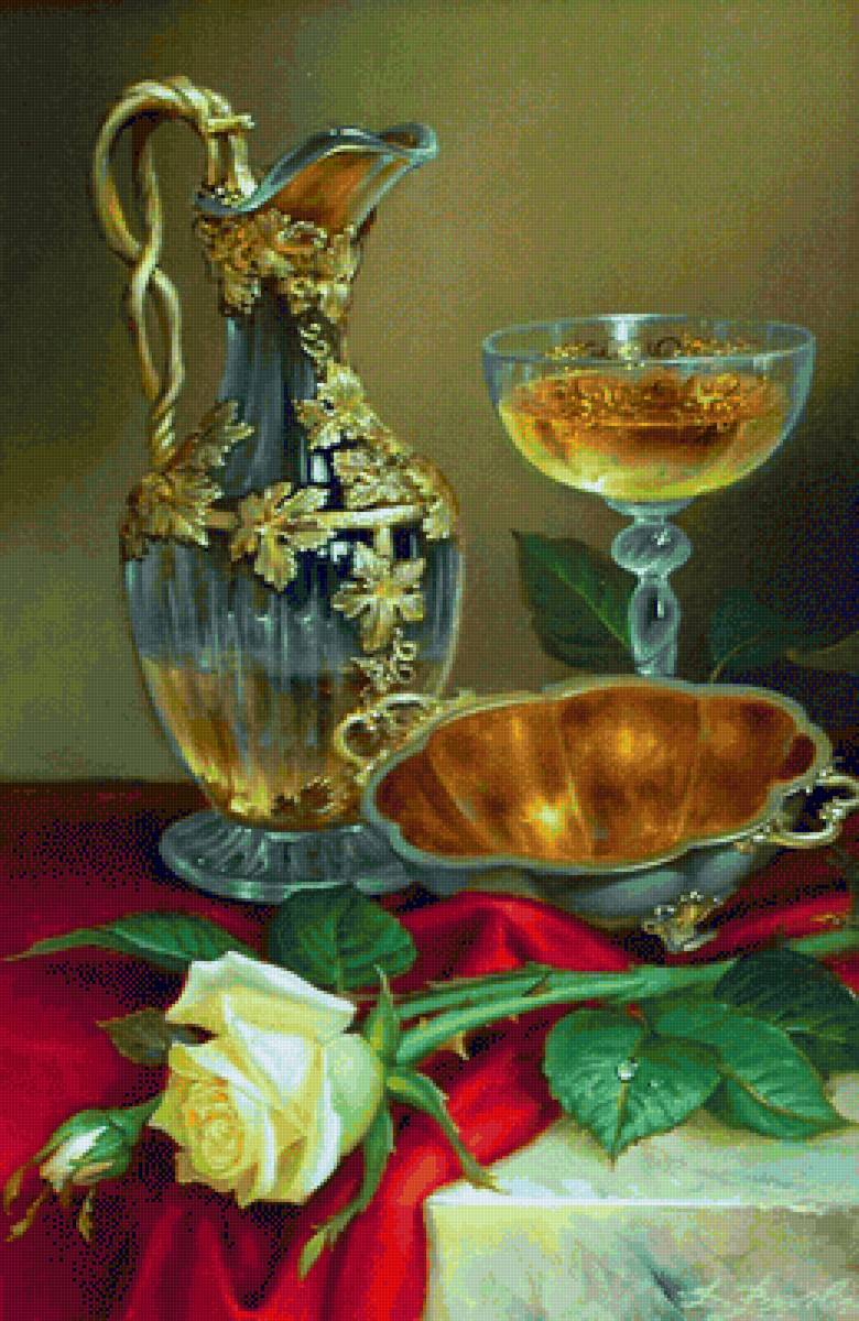 ДМИТРИЙ ВЛАСОВ. НАТЮРМОРТ С ВИНОМ И РОЗОЙ - натюрморт - предпросмотр