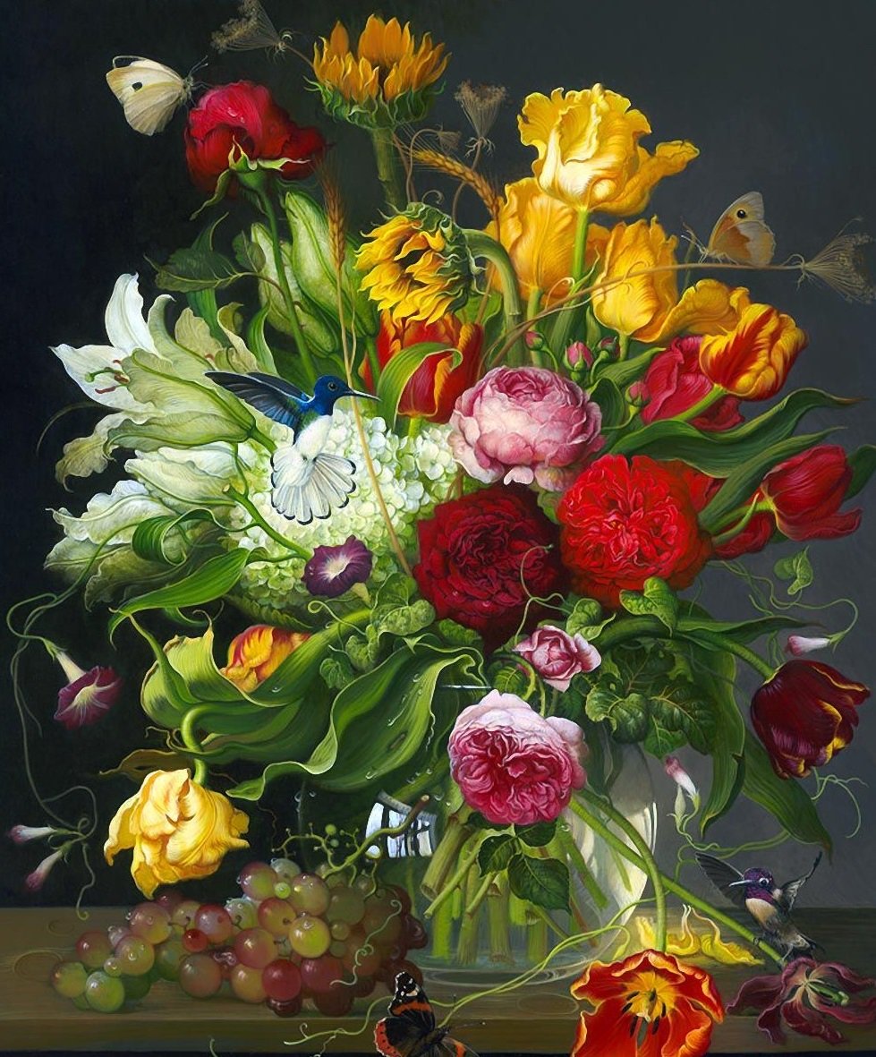 Boque de flores. - flores.frutas, pássaro. - оригинал