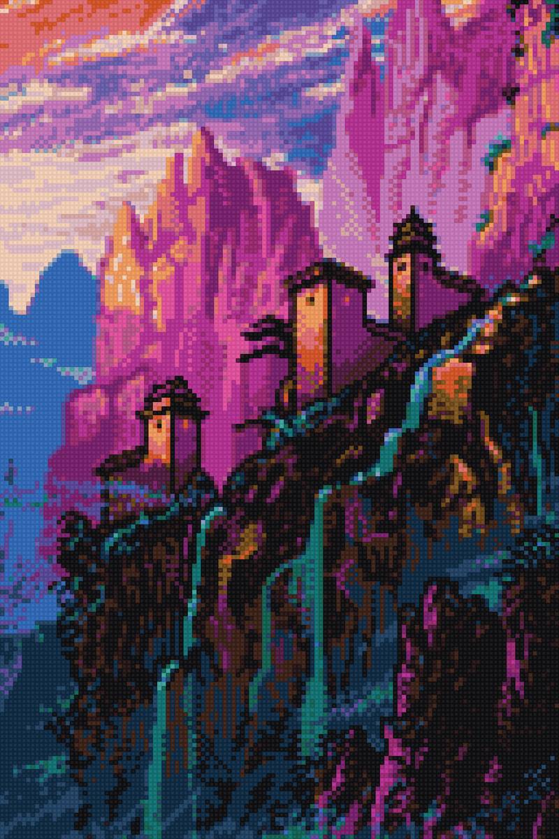 Азия. Крепость в горах. - закатное небо, крепость, пейзаж, горы, водопад - предпросмотр