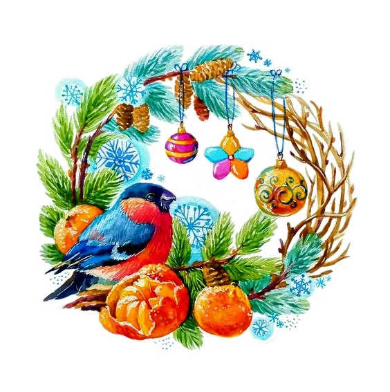 Рождественский венок - елочные игрушки, снегирь, рождественский венок, мандарин, лапник - оригинал