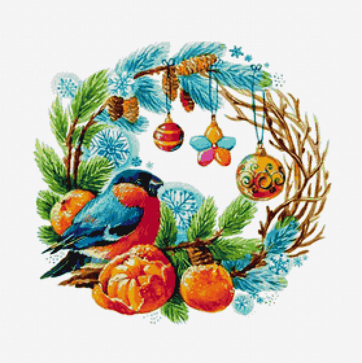 Рождественский венок - мандарин, снегирь, лапник, рождественский венок, елочные игрушки - предпросмотр