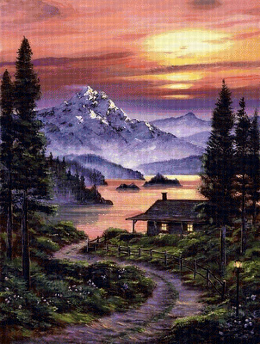 Красота вокруг нас - горы, природа, деревья, дом, озеро - предпросмотр