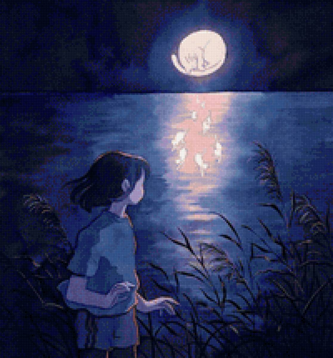 Лунный кот - девочка, лунная дорожка, ночь, кошки, камыши, небо, море, луна - предпросмотр