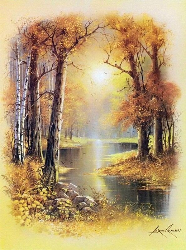 Осенняя пора - деревья, лес, река, иллюстрация, осень - оригинал
