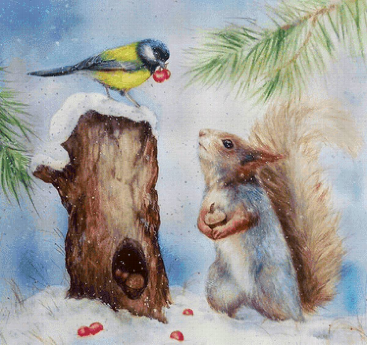 Друзья - зима, друзья, белка, синица - предпросмотр