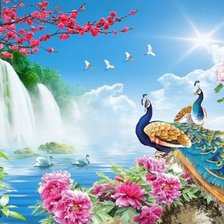 Схема вышивки «Peacocks at the Waterfall»