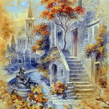 Схема вышивки «голубой дом с фонтаном (по картине Р.Н.Вьюговой)»