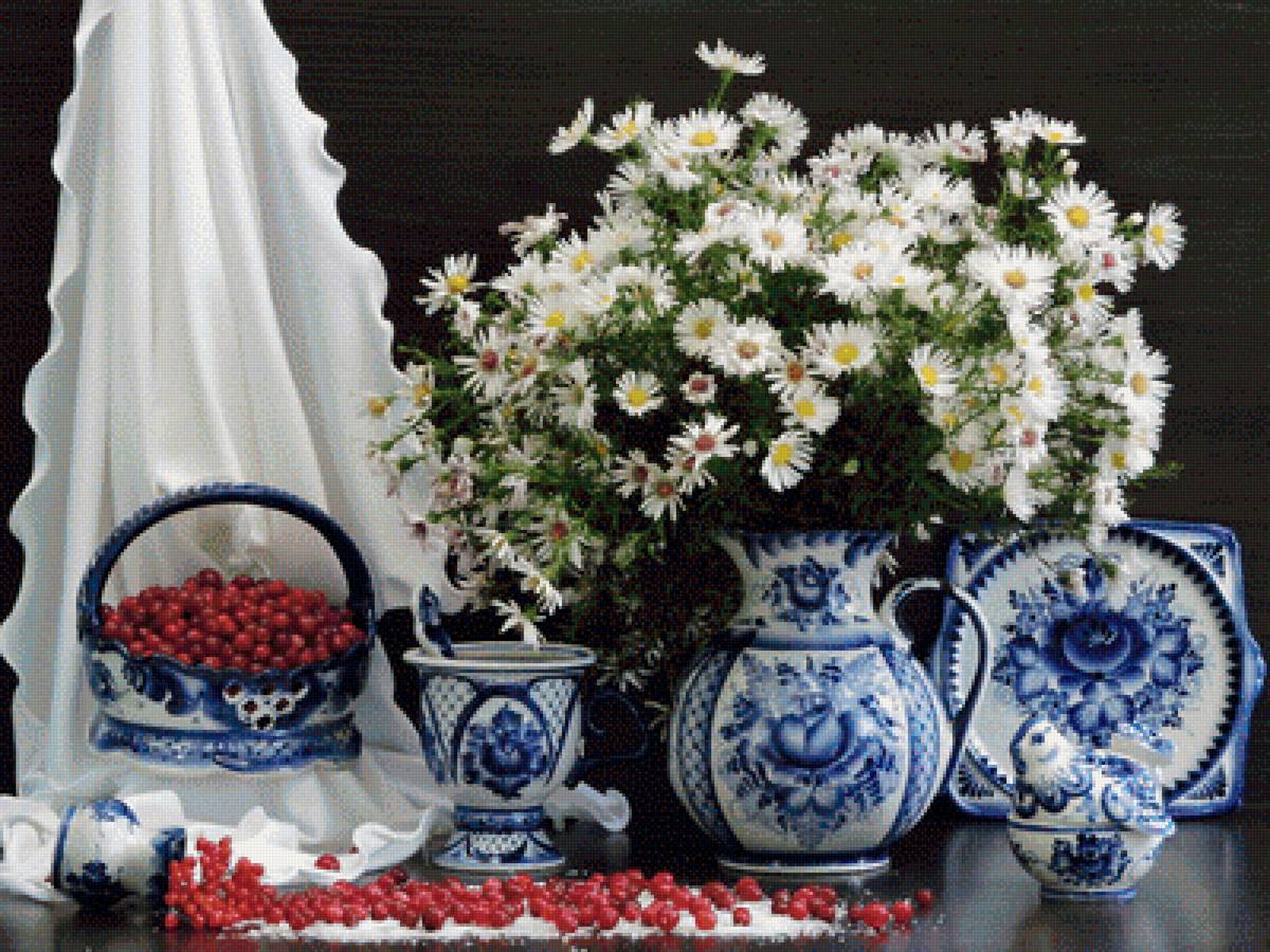 гжель и ромашки - ромашки, цветы - предпросмотр