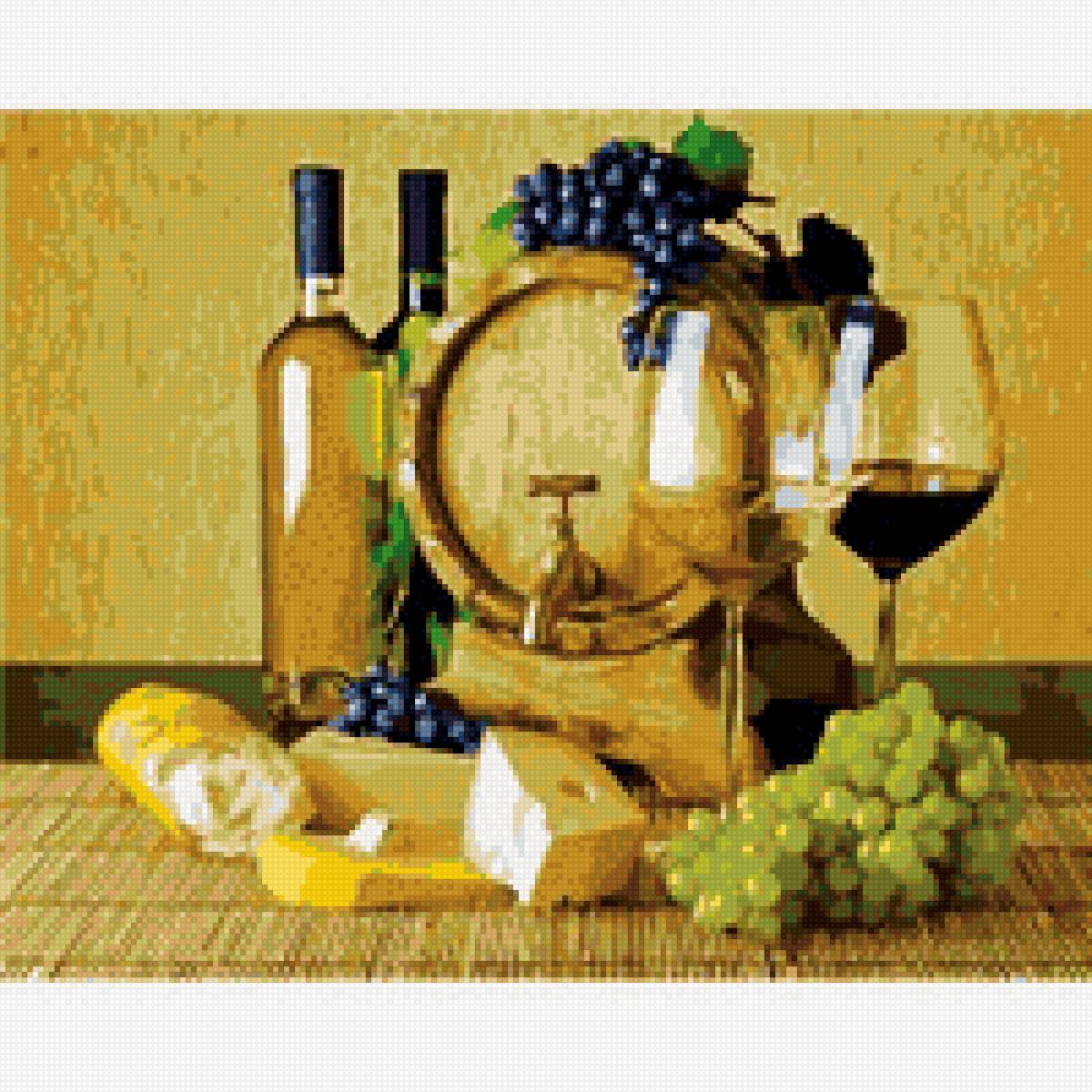 Винный натюрморт - бокал, бутылка, виноград, вино, сыр, бочка - предпросмотр