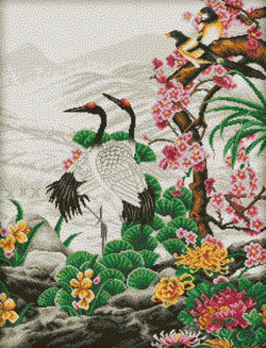 Crane Paradise - flowers, birds - предпросмотр